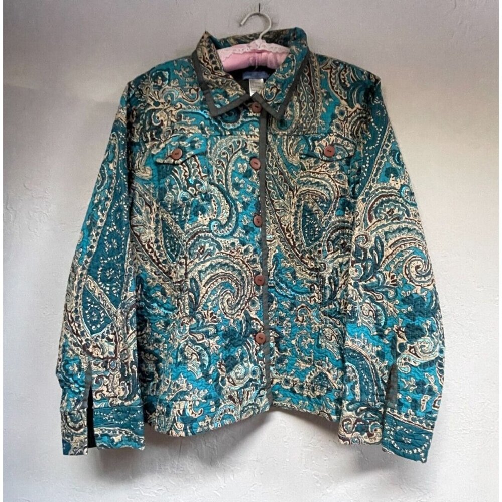 Provence d'Amour Womens Blue Reversible Button Front Quilted Jacket Pockets Art